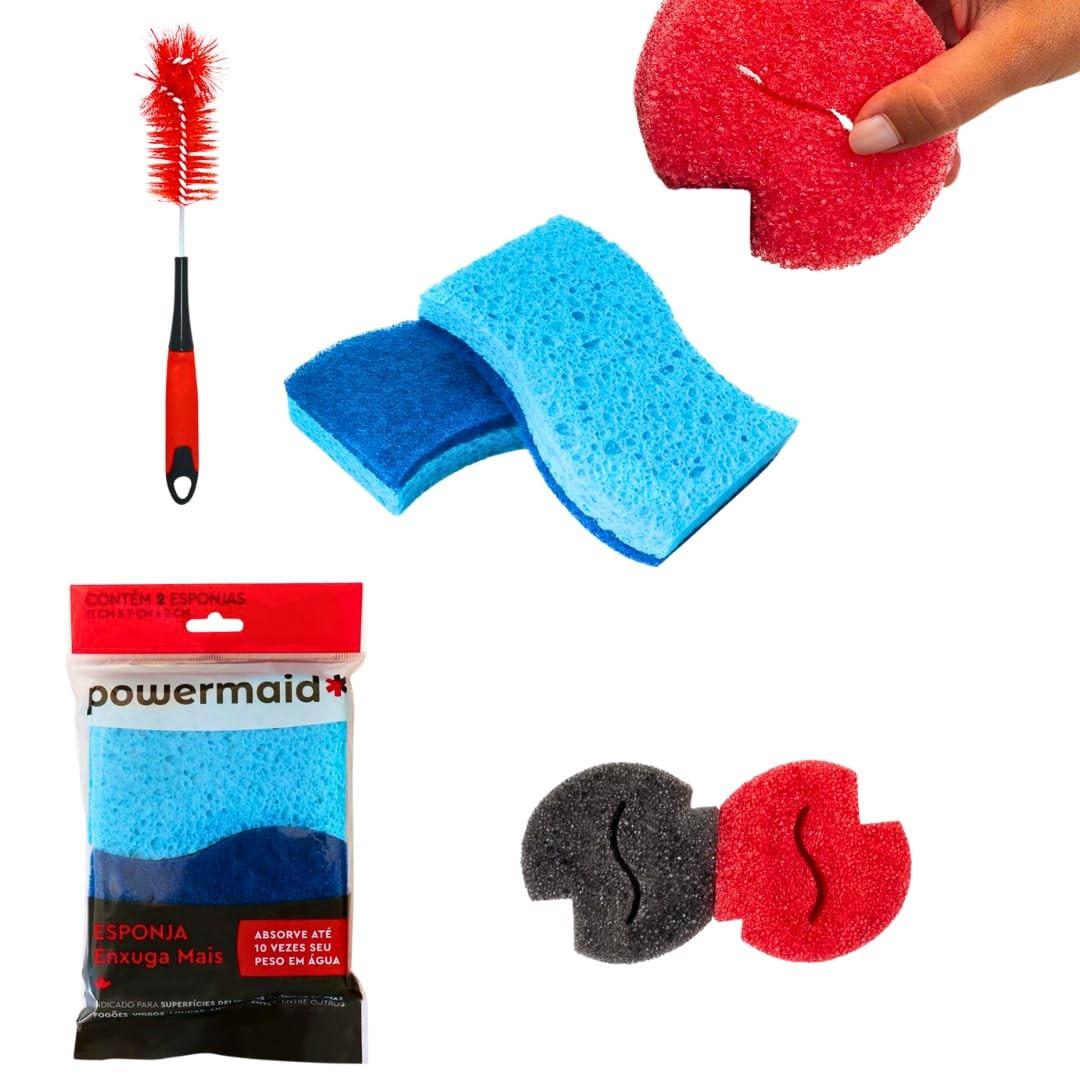 Kit de Limpeza Profissional com Escova Longo Alcance + Esponjas Power Termoativas e Multiuso