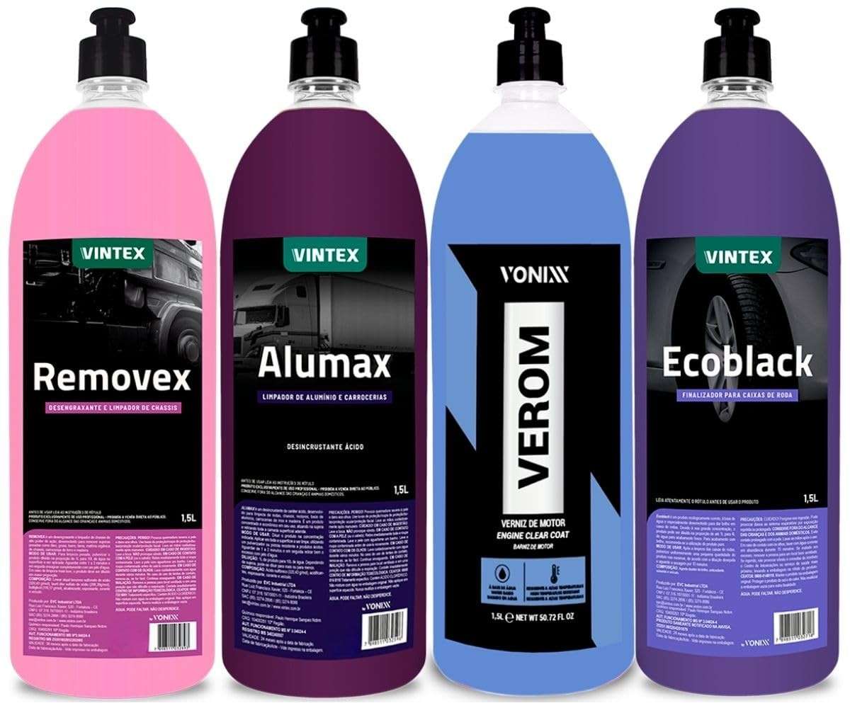 Kit Completo Vonixx: Removex, Alumax, Ecoblack e Verom para Cuidado Profissional do seu Veículo