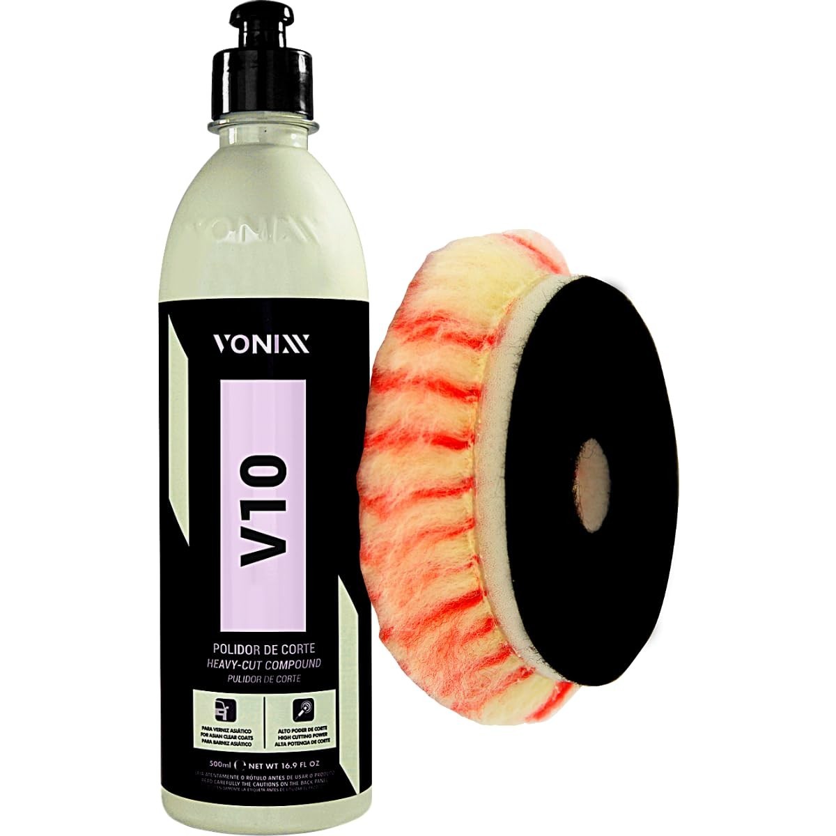 Composto Polidor V10 500ml + Boina Lã 3,5" - Corte Rápido e Profundo para Pintura Automotiva