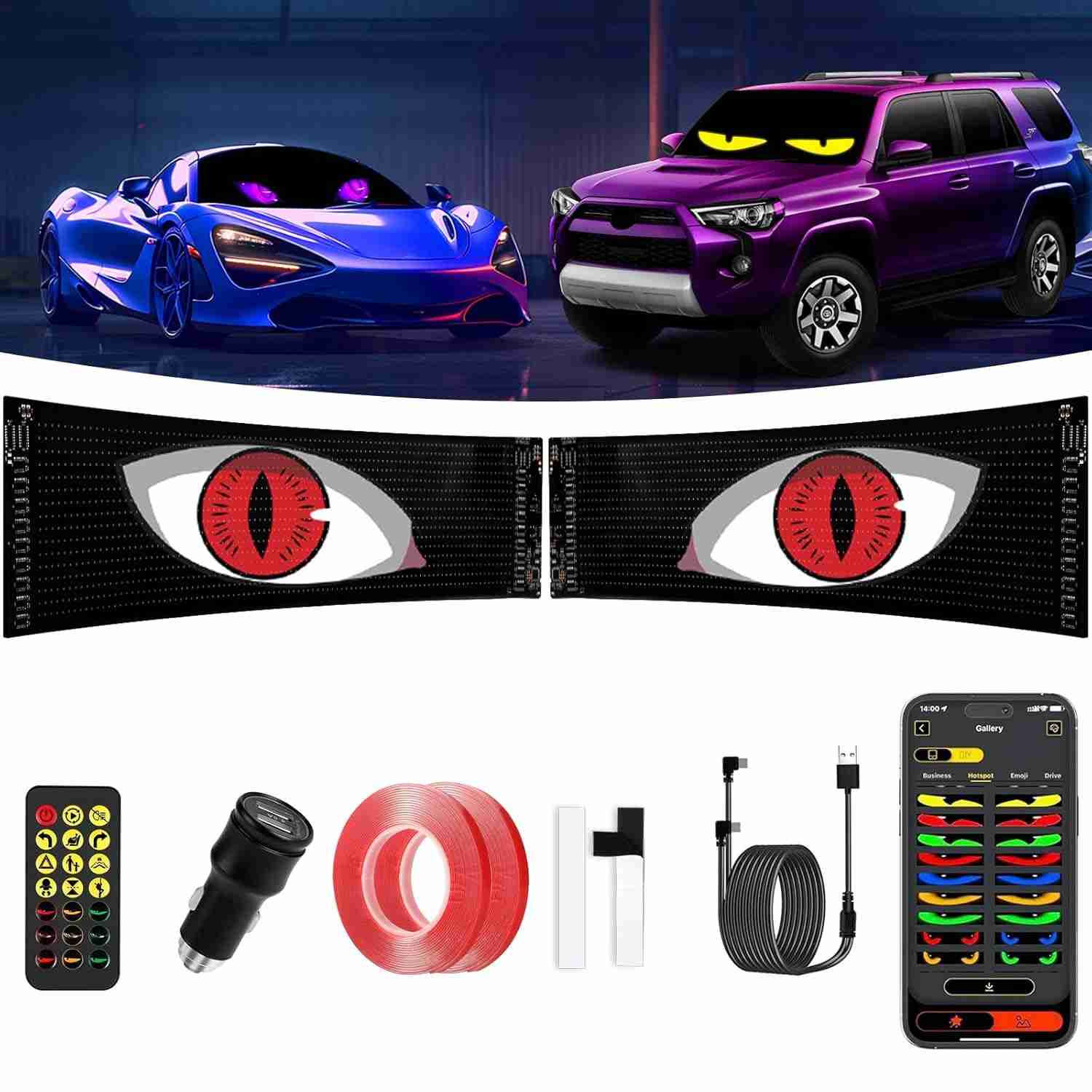 Visor LED Programável "Olho do Diabo" para Veículos - Personalize seu Carro com Estilo e Tecnologia USB