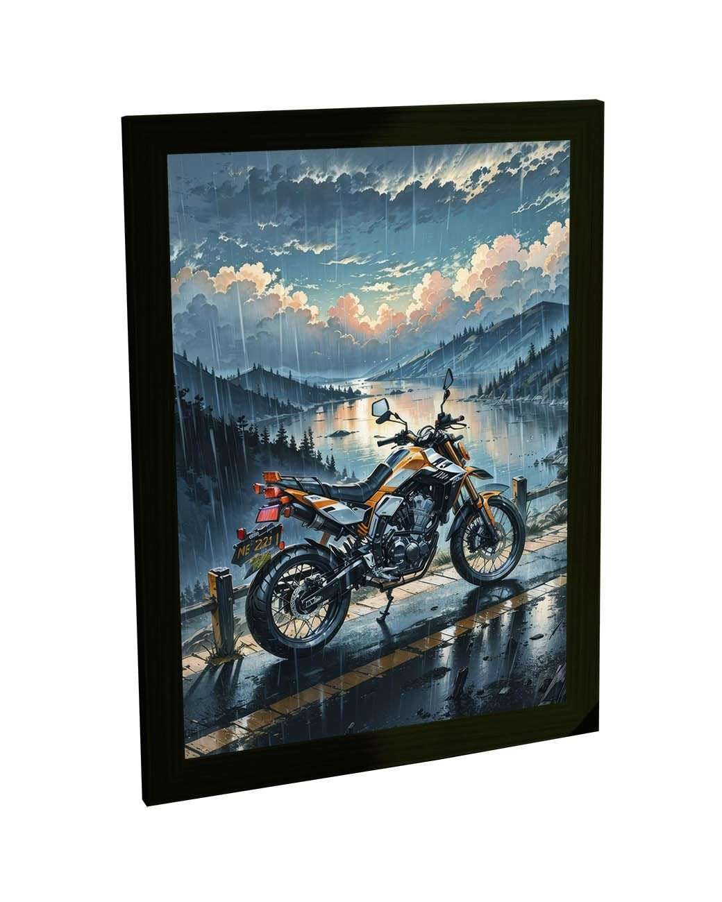 Quadro Decorativo Moto Na Estrada Ilustração Chuva - Moldura Pronta para Pendurar