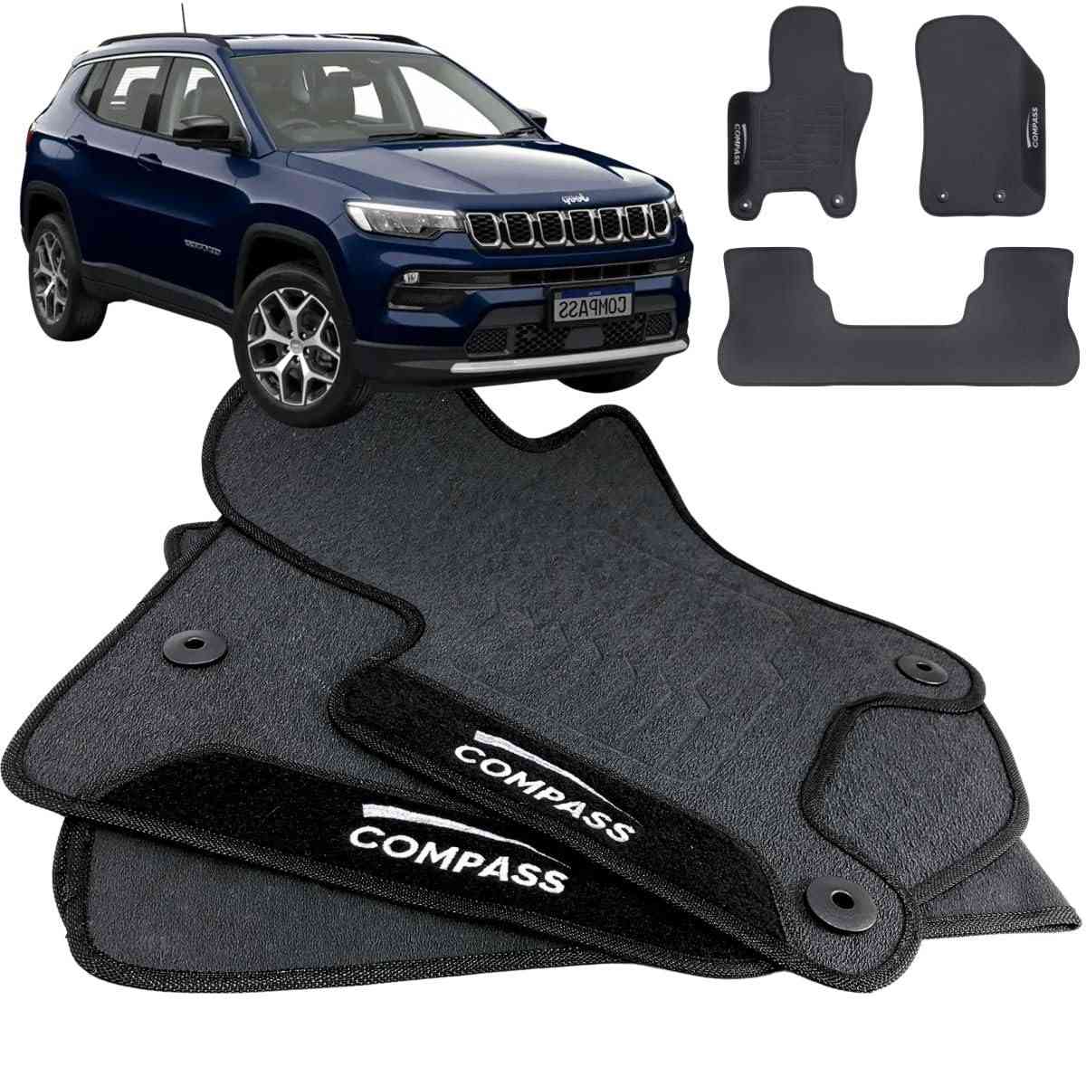 Jogo de Tapete Borracha Automotivo Compass 2019-2024: Proteção Impermeável com Logo Bordado - 3 Peças