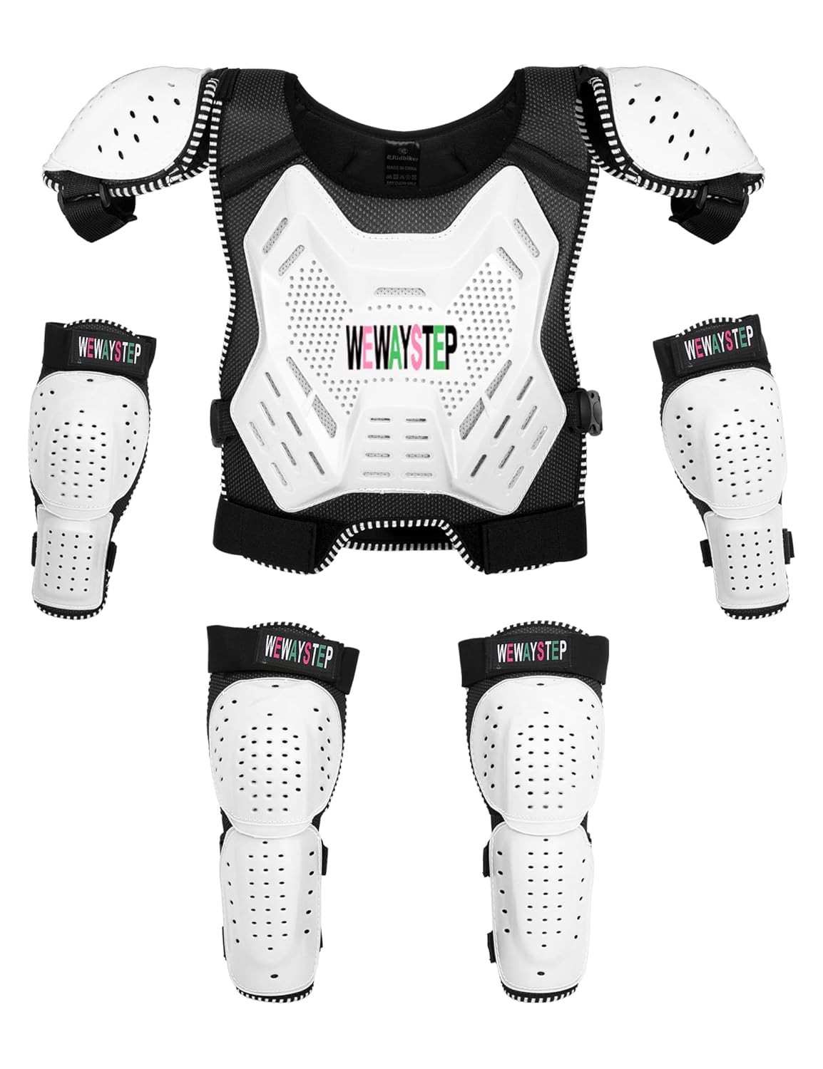 WEWAYSTEP: Kit Completo de Proteção para Motociclistas Jovens - Colete Motocross, Joelheiras e Cotoveleiras (Branco)