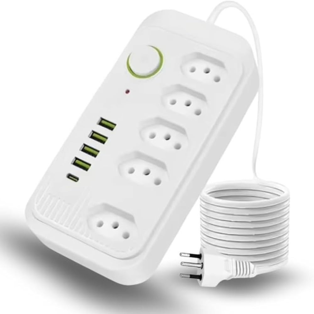 Extensão Inteligente: 5 Tomadas, 4 USB + 1 Tipo-C, 2m, 2500W Bivolt com Proteção