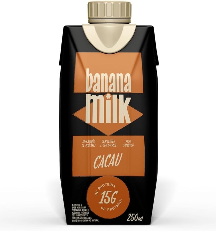 Banana Milk Cacau Proteico 250 ml – 15g de Proteína, Bebida Vegetal Vegana, Sem Lactose, Sem Glúten, Sem Açúcar | Pós-Treino Saudável