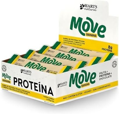 Hart's Natural Barra de Proteína Vegana Move Banana 40g, 100% Natural, Banana Desidratada, Tâmaras, Castanhas e Chocolate 70%, 8g de Proteína, Sem Glúten (12 unidades)