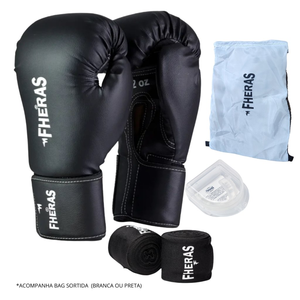Kit Boxe Muay Thai: Luvas + Bandagem + Protetor