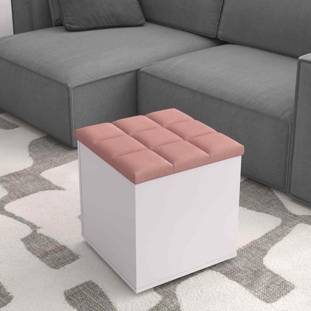 Puff Báu Banqueta Organizador em Suede - Caixa de Brinquedos Quadrada para Sala e Quarto Infantil (Rose)