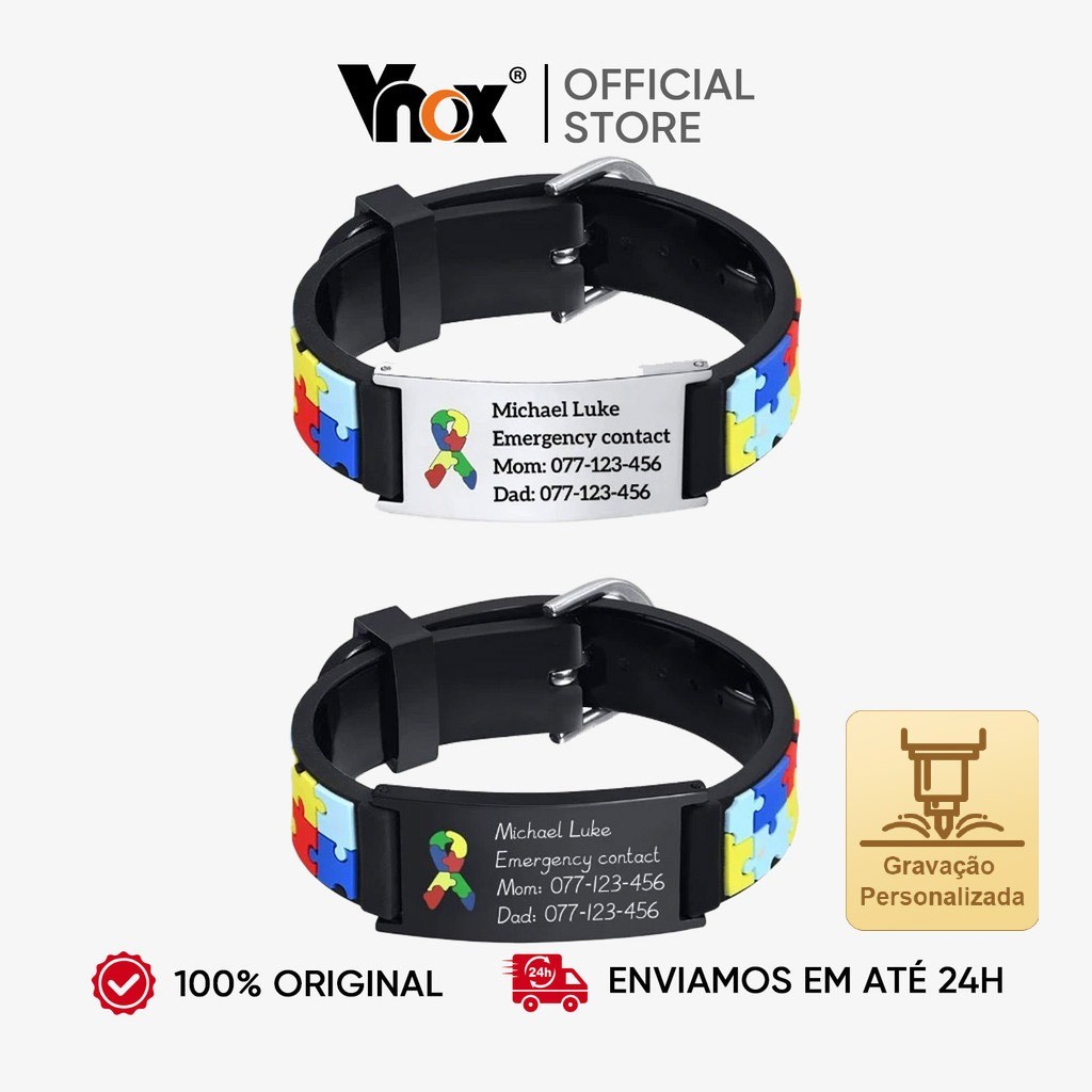 Pulseira Autismo Puzzle Personalizada: Nome + Aço Inox