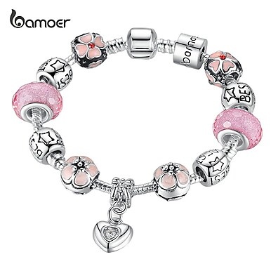 Pulseira Bamoer: Coração & Cerejeira em Prata