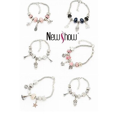 Pulseira Berloques Feminina Prata, Rosa e Dourada – Kit com 6 Unidades