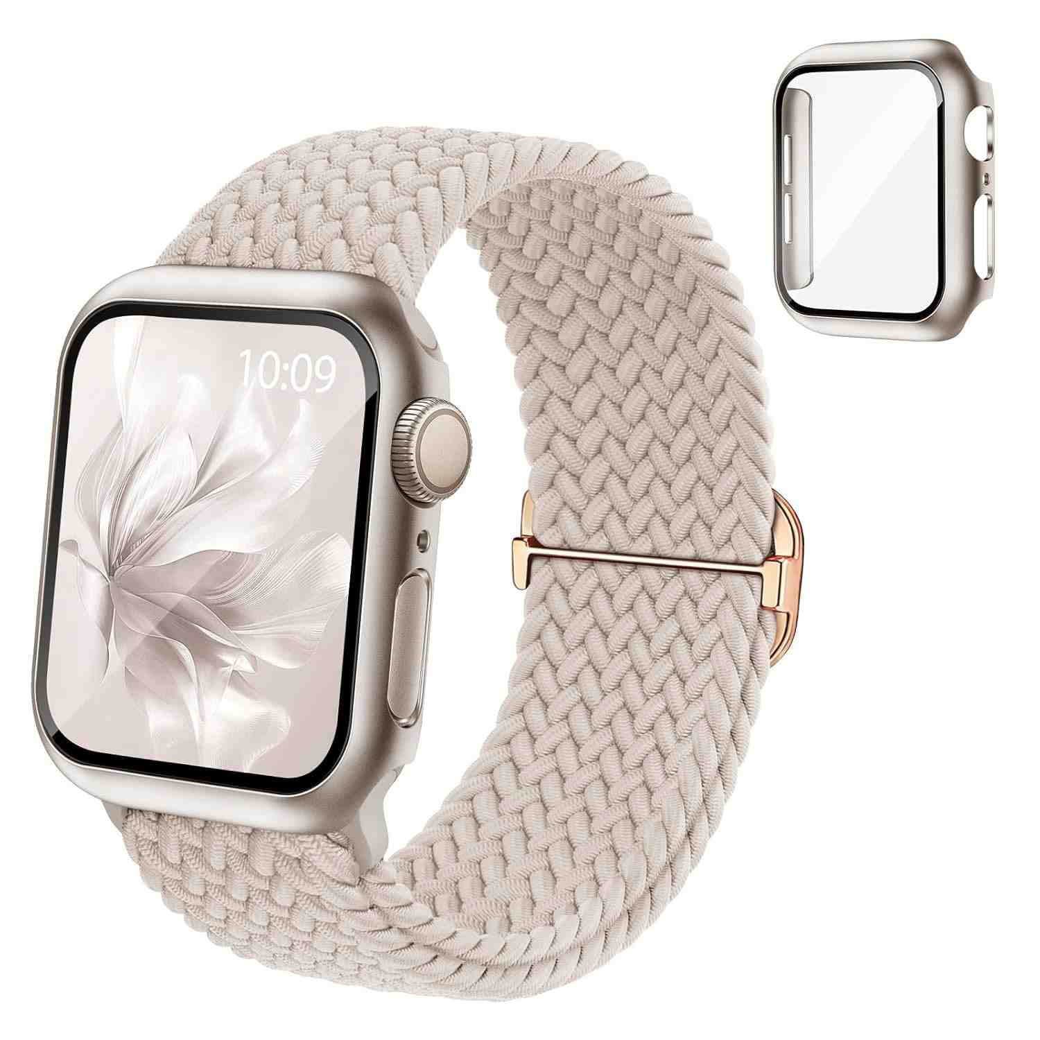 Pulseira elástica trançada compatível com Apple Watch séries 10, 9, 8, 7, SE, 6, 5, 4, 3 de 40 mm, 41 mm, 42 mm, 44 mm, 45 mm, 46 mm, com protetor de tela