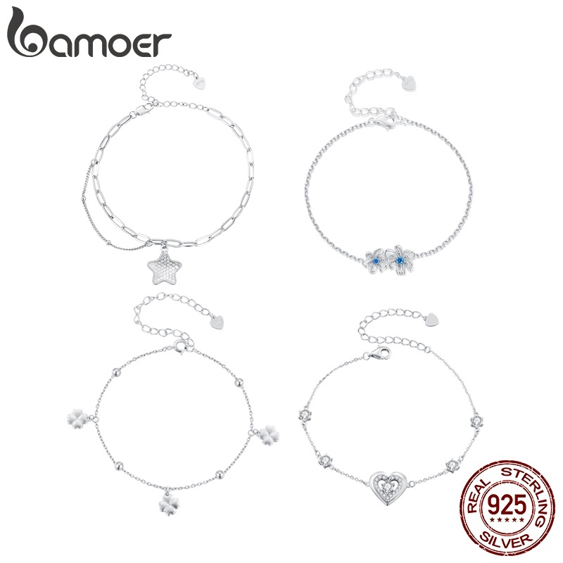 Pulseira Prata 925 Bamoer: Coração, Trevo e Flor