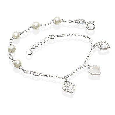Pulseira Prata 925 com Pérolas e Corações
