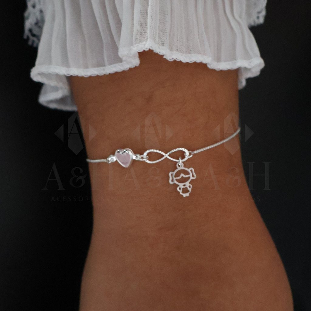 Pulseira Rosa Banhada a Prata com Infinito e Menina
