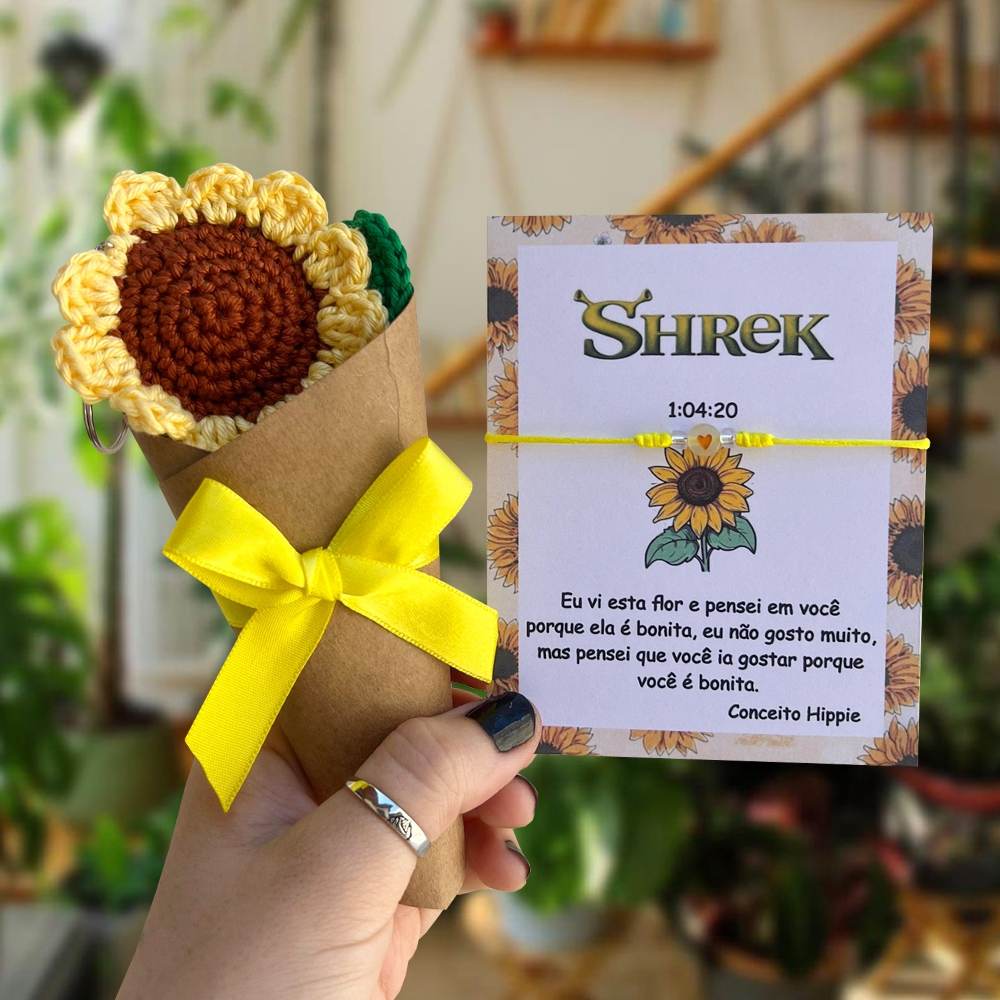 Pulseira Shrek Brilha No Escuro com Chaveiro Girassol Crochê