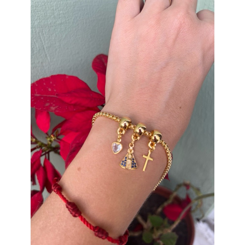 Pulseira Torcida Nossa Senhora Aparecida Banhada a Ouro e Prata