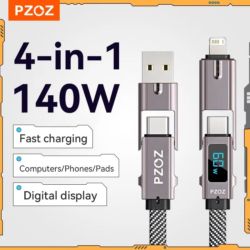 PZOZ 140W: Cabo USB-C 4 em 1 com Display Digital