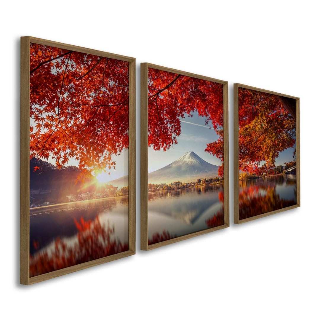 Quadro Decorativo Triplo Monte Fuji com Folhas Vermelhas - 3 Telas em Madeira 60x90cm com Vidro
