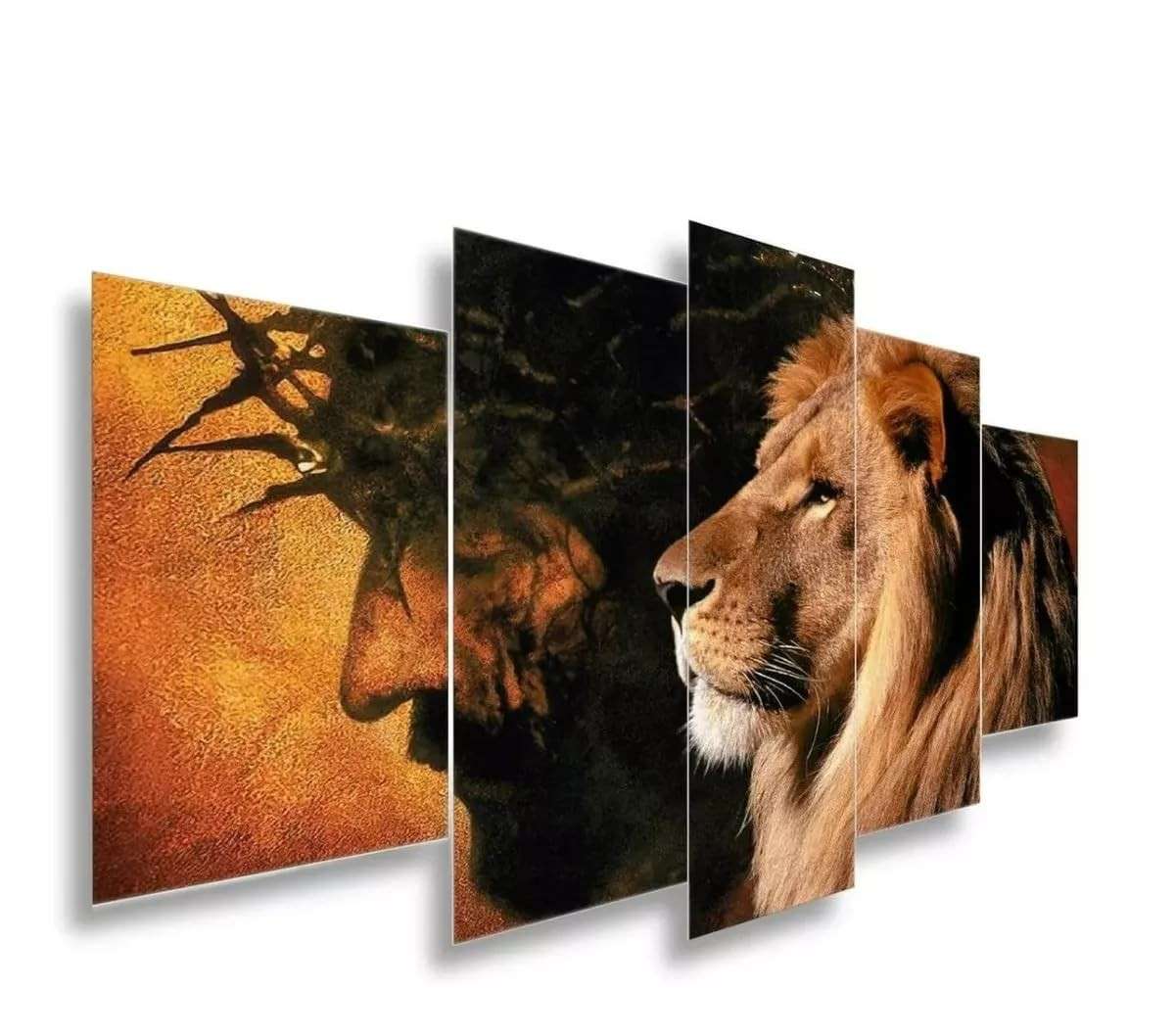 Quadro Decorativo Jesus Leão de Judá - Kit 5 Peças Mosaico Religioso Premium