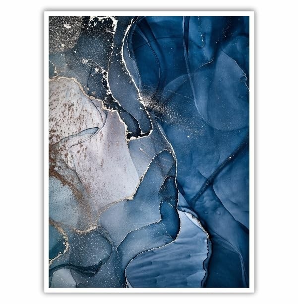 Quadro Decorativo 90x60cm com Moldura de Madeira - Estampa Mármore Azul Escuro para Sala, Quarto e Escritório