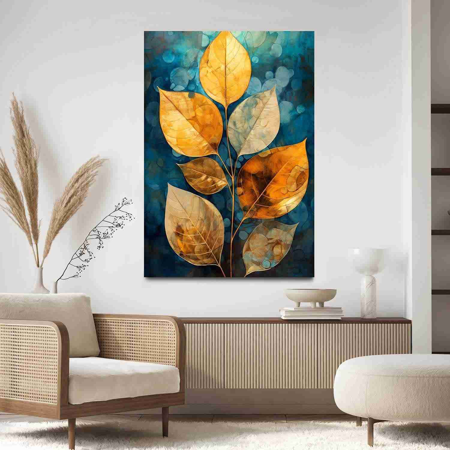 Quadro Decorativo Lotus Dourado Azul 90x60cm - Arte Moderna para Sala e Quarto