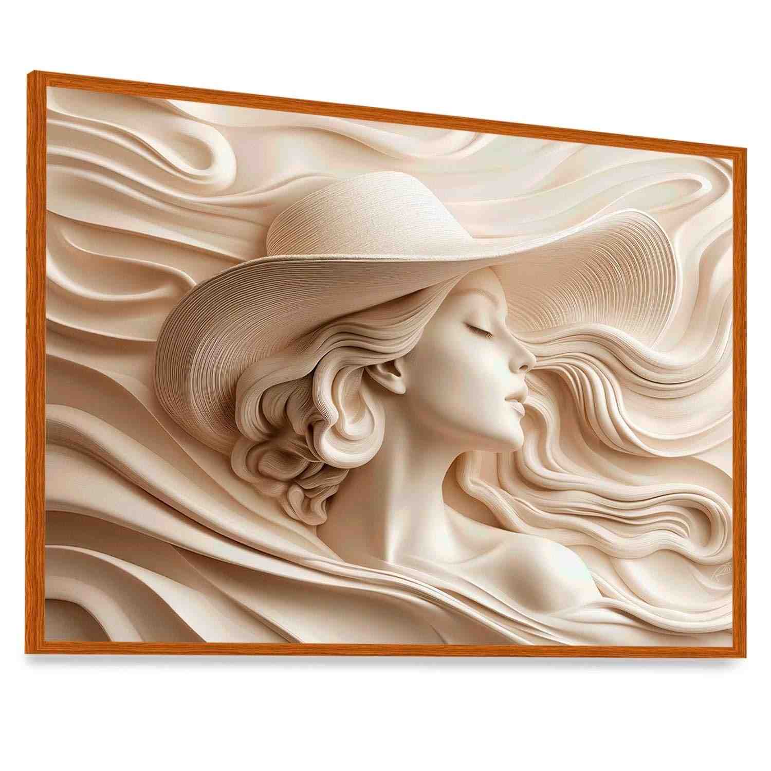 Quadro Decorativo Mulher com Chapéu 63x43cm em Vidro e Moldura Freijó - Arte Elegante para Ambientes Sofisticados