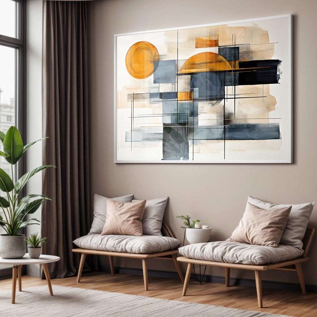 Quadro Decorativo Abstrato Laranja e Azul com Moldura Caixa em Acrílico Cristal - 130x90cm (Preta)