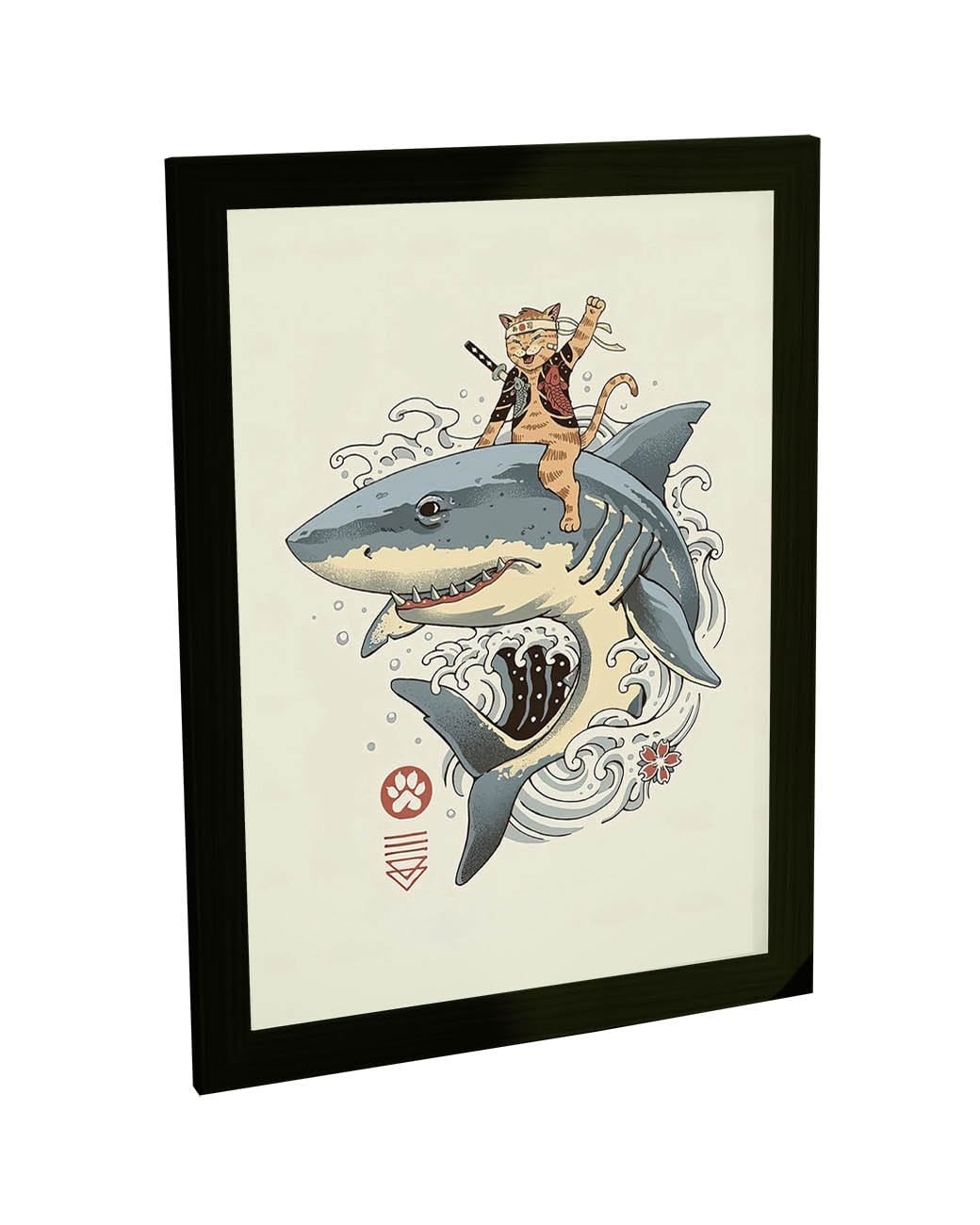 Quadro Decorativo Gato e Tubarão Estilo Anime - Moldura Pronta para Decoração Moderna