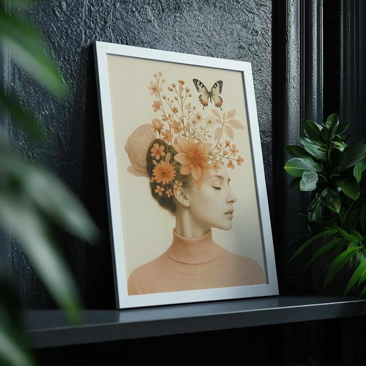 Quadro Decorativo Mulher com Flores e Borboleta - Arte Feminina Elegante em Tons Pastel para Parede Moderna