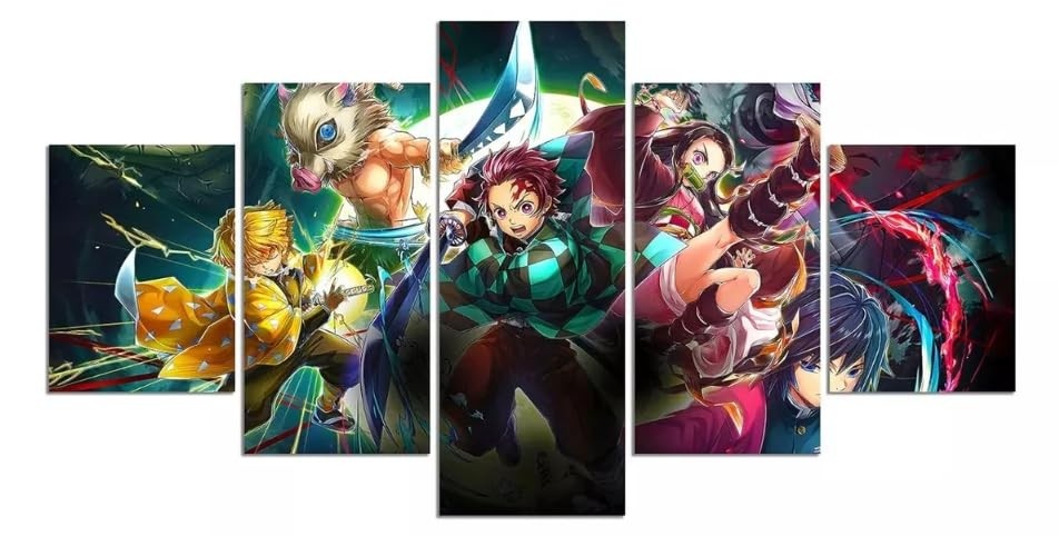 Kit Quadro Decorativo 5 Peças 95x60cm - Anime Demon - Personagens Incríveis para Decoração