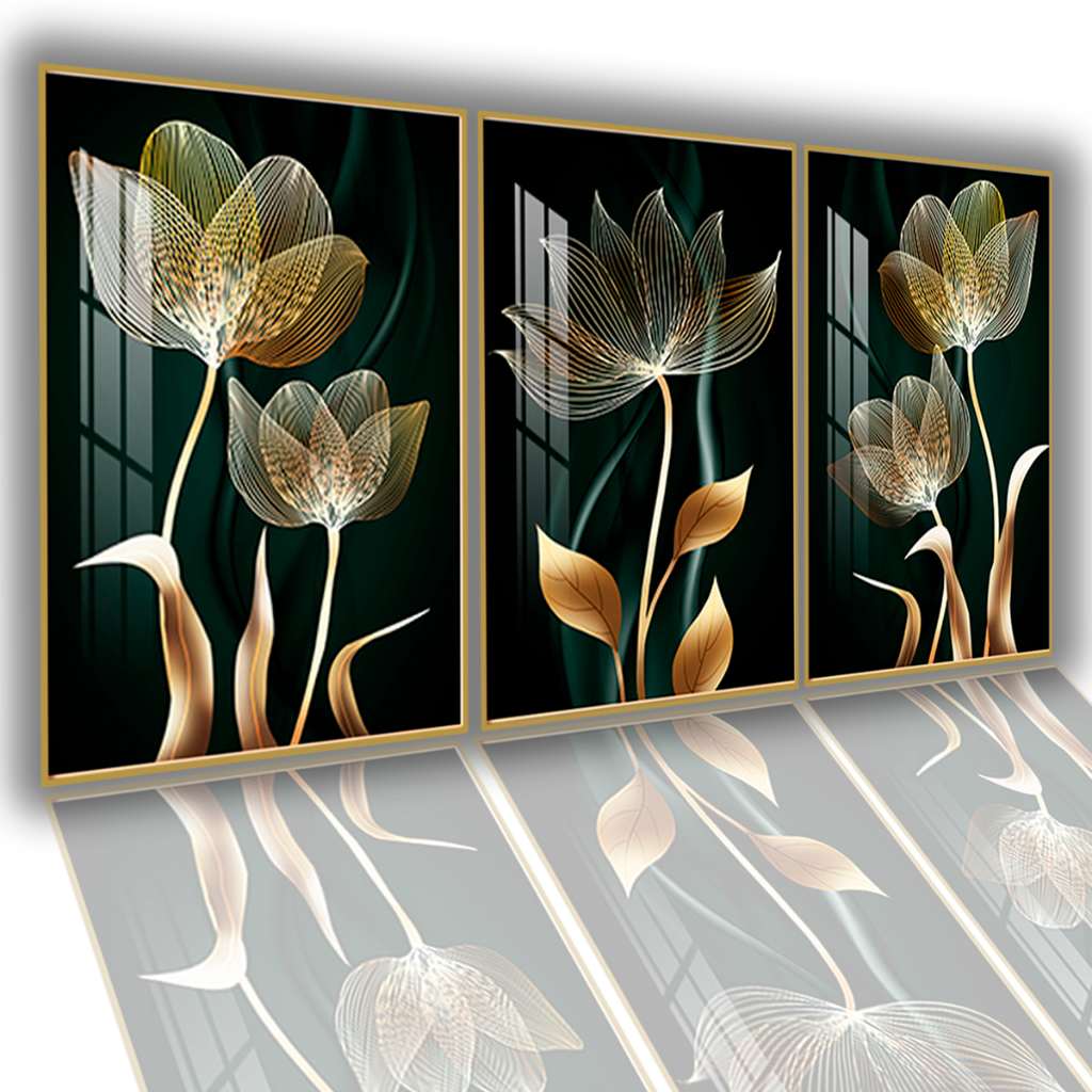 Quadro Decorativo Flor Abstrata Trio Gold – Elegância para Sua Parede