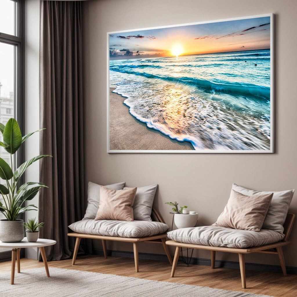 Quadro Decorativo com Moldura - Paisagem de Ondas e Pôr do Sol | Impressão 4K para Sala e Quarto