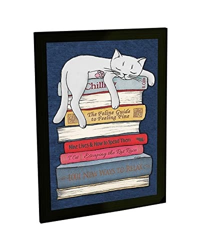 Quadro Decorativo A4 Engraçado Livros para Gatos - Moldura em Pinus com Acetato