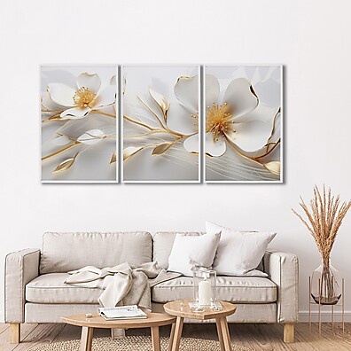 Quadro Floral Elegância: 3 Telas, Moldura Branca