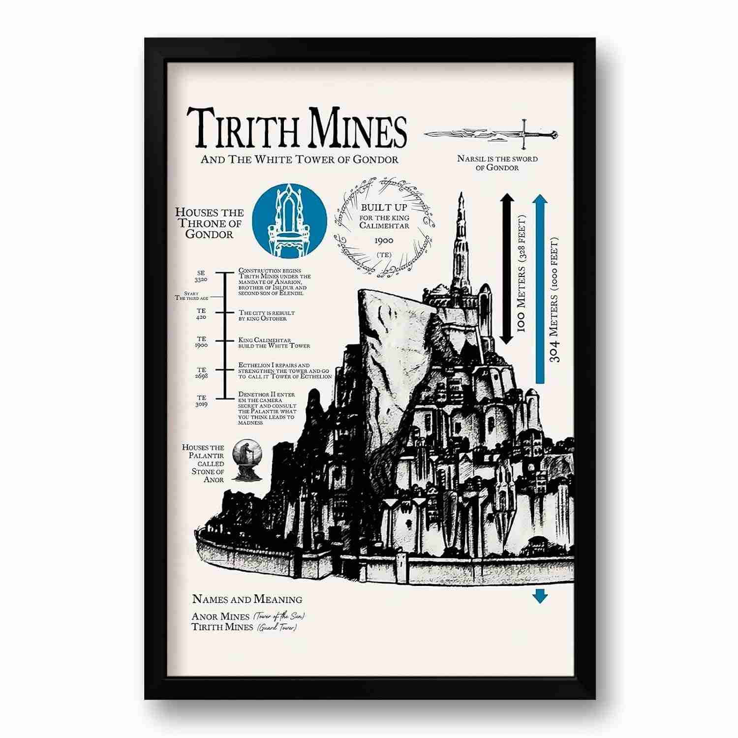 Quadro Infográfico Minas Tirith - O Senhor dos Anéis - 40x60cm | Moldura Ecológica em Madeira de Reflorestamento