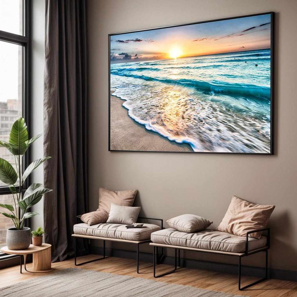 Quadro Decorativo com Moldura - Paisagem de Ondas e Pôr do Sol para Sala e Quarto