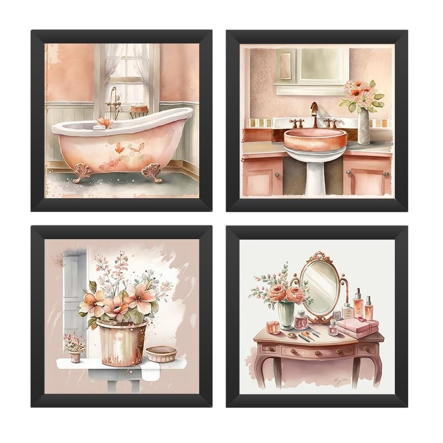 Kit 4 Quadros Decorativos 18x18 cm Salmão com Moldura e Vidro - Ideal para Banheiro e Lavabo