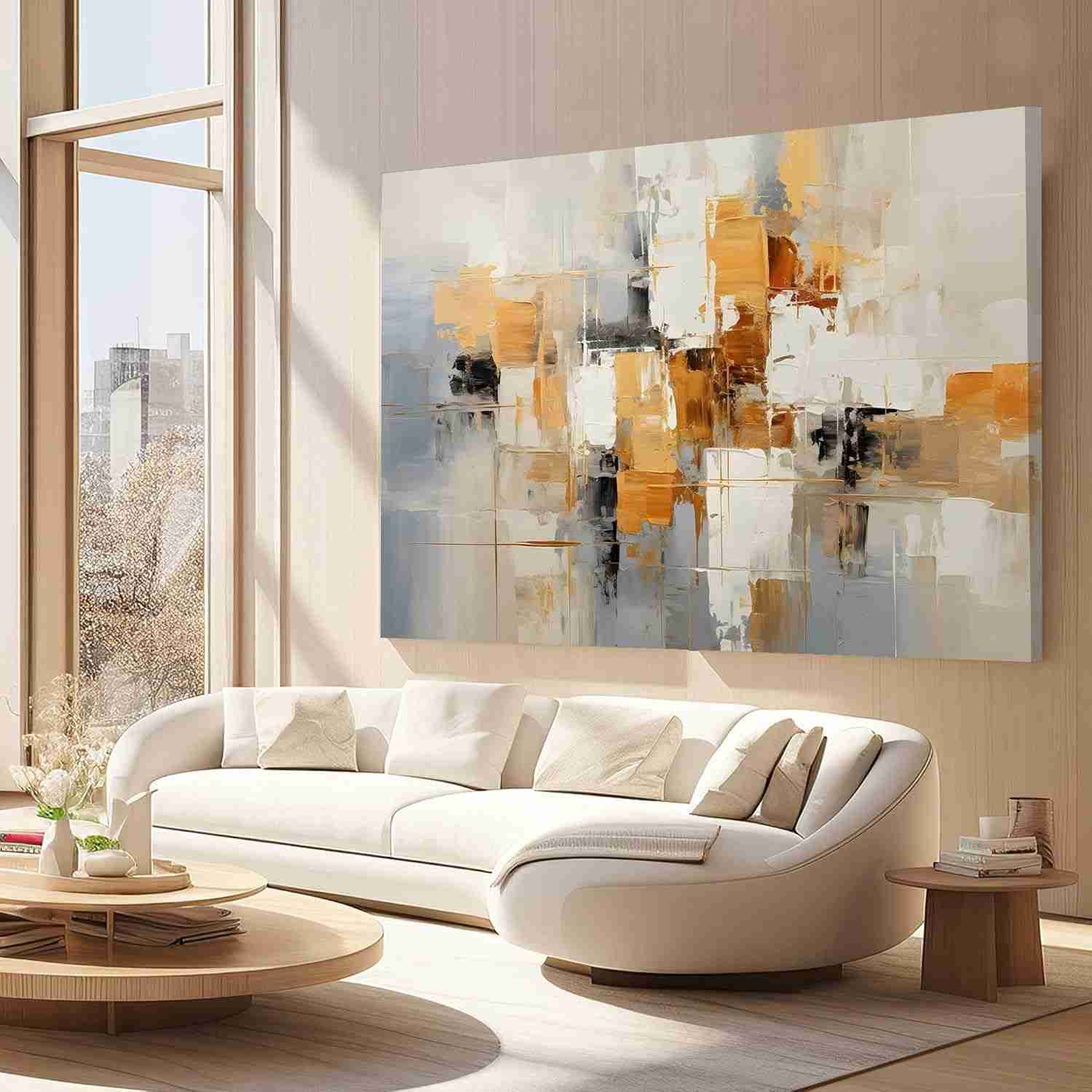 Quadros Decorativos Grandes 130x90cm - Arte Abstrata Bege Dourado para Sala e Quarto