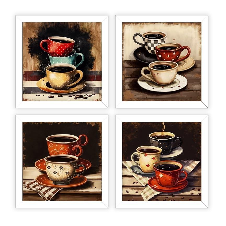 Kit 4 Quadros Decorativos 18x18 cm - Tema Café com Xícaras Coloridas | Ideal para Cozinha, Copa e Cantinho do Café com Vidro e Moldura de Madeira