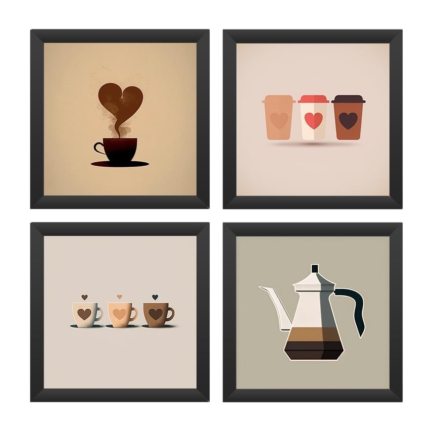 Kit 4 Quadros Decorativos 18x18 cm - Café e Cozinha com Vidro | Moldura de Madeira e Impressão Fotográfica