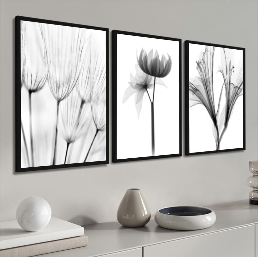 Kit 3 Quadros Decorativos Flores Preto e Branco com Moldura - Folhagem Moderna para Sala e Quarto