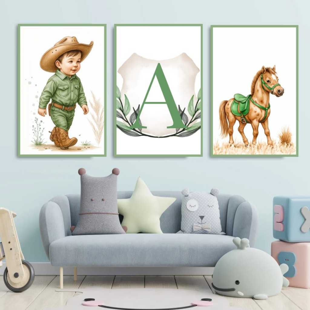 Quadros Decorativos 3 Peças Personalizados com Nome Infantil Cowboy e Cavalo Verde
