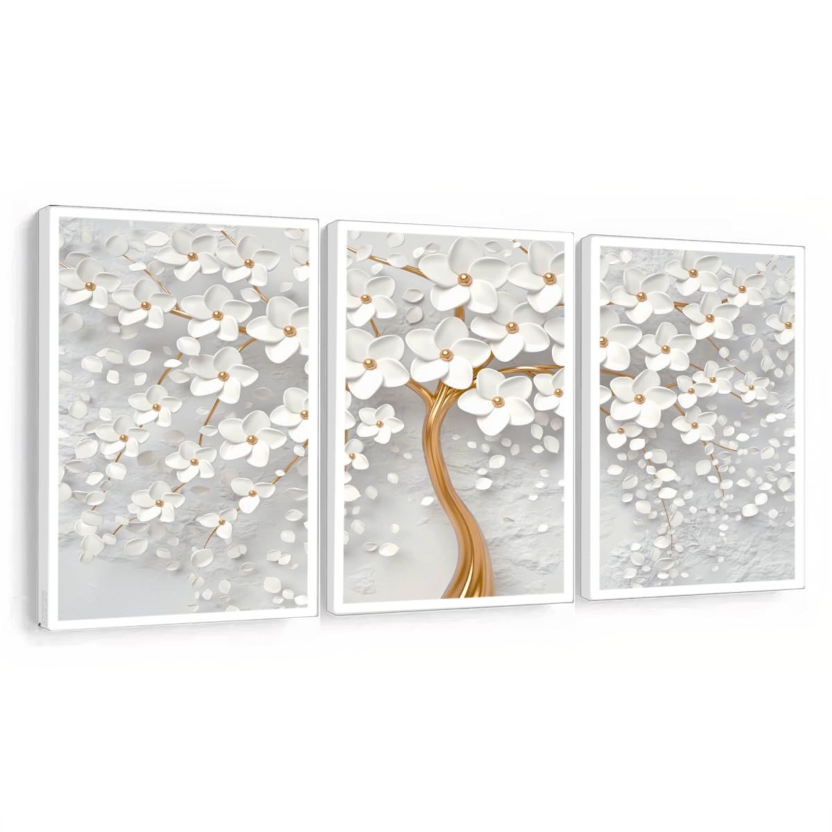 Quadros Decorativos Floral Branco com Detalhes Dourados - Transforme sua Sala ou Quarto com Estilo