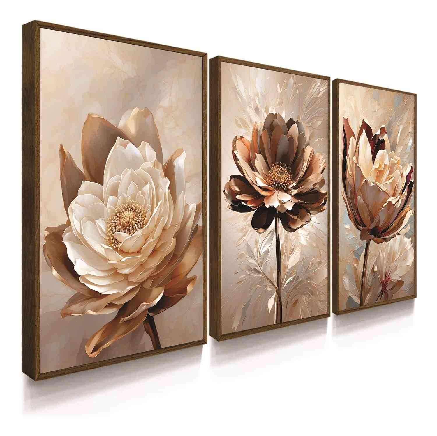 Kit 3 Quadros Decorativos Flores em Tons Dourados - Design Elegante para Sala e Quarto