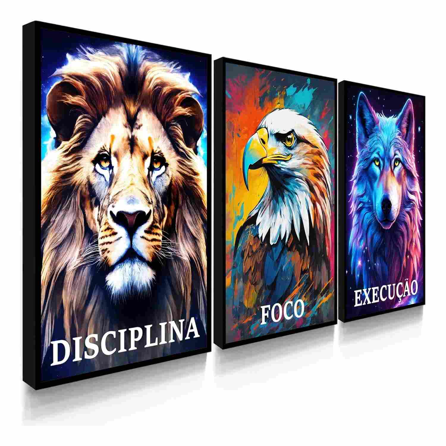 Quadros Decorativos Disciplina Foco Execução Leão Lobo Águia - Kit 3 Peças para Escritório