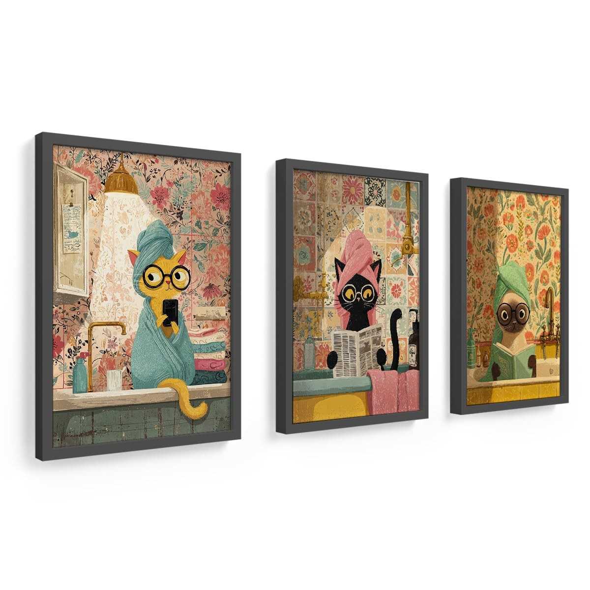 Kit 3 Quadros Decorativos 18x24 cm com Moldura de Madeira - Gatos Banheiro e Lavabo (Preto)