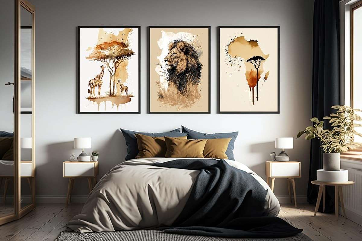 Kit 3 Quadros Animais da África Moderno - Decoração Elegante para Sala e Quarto (60x40cm, Preto)