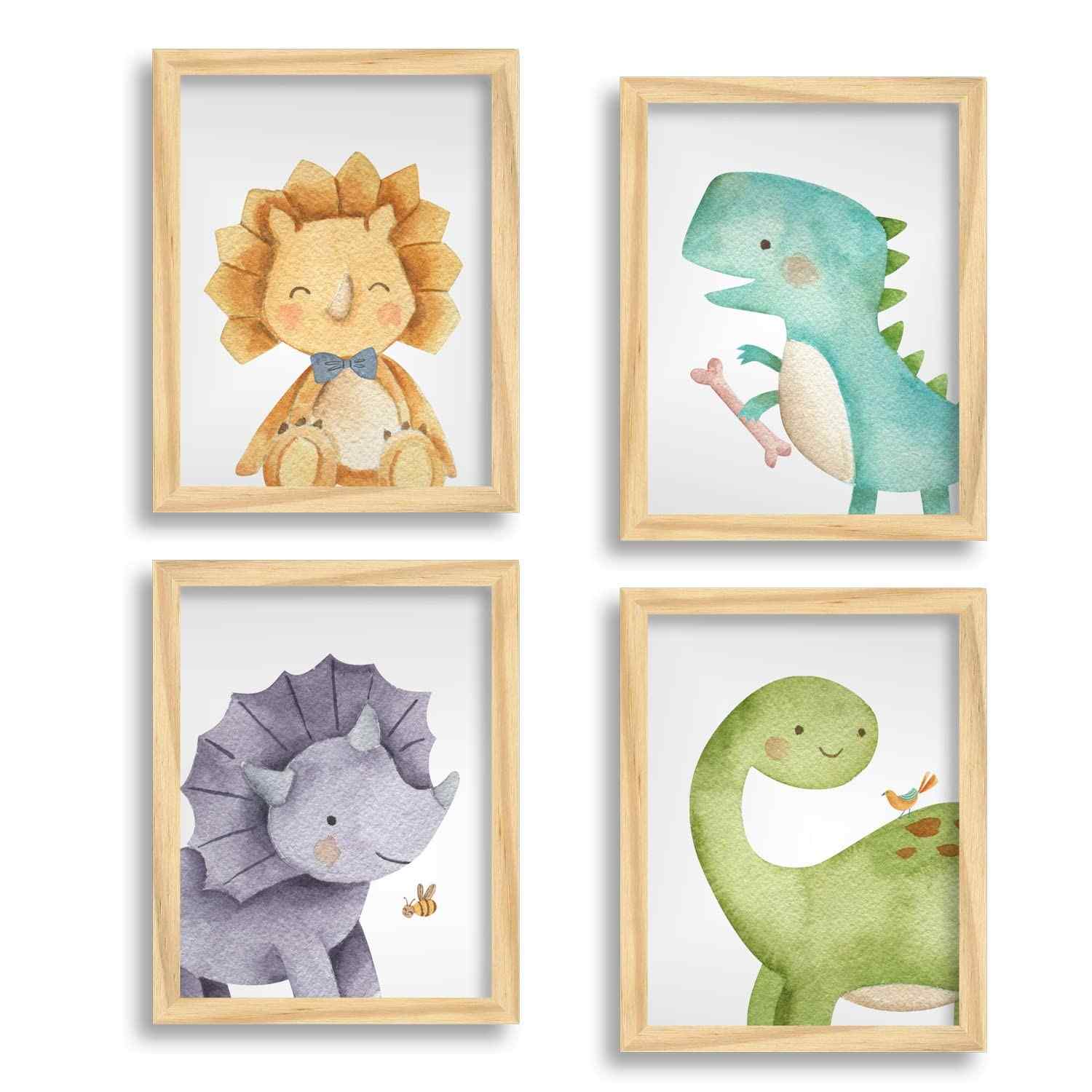 Kit de Quadros Dinossauros para Quarto Infantil - 4 Quadros Decorativos em Alta Definição