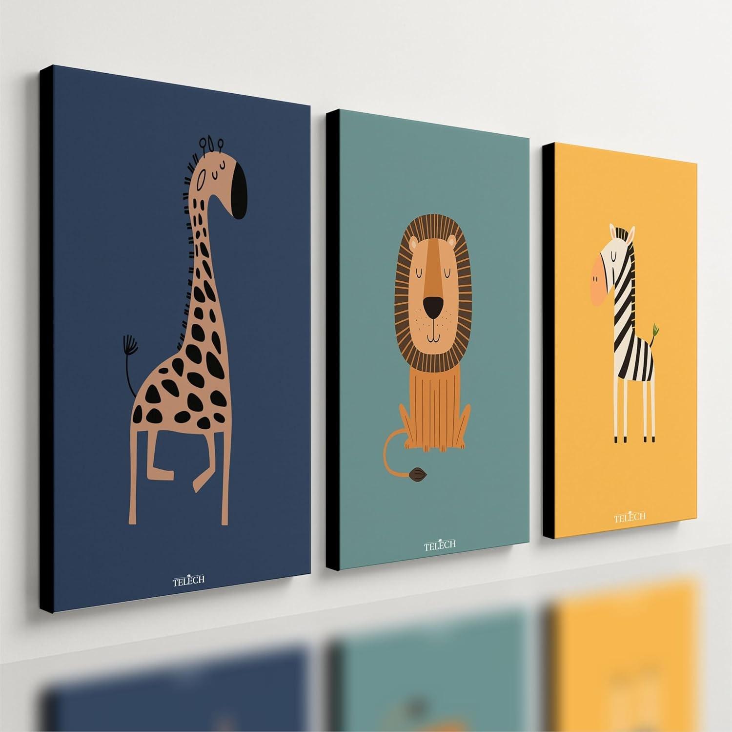 Kit 3 Quadros Decorativos Animais Safari - Quarto Infantil Menino Premium (40x28cm)